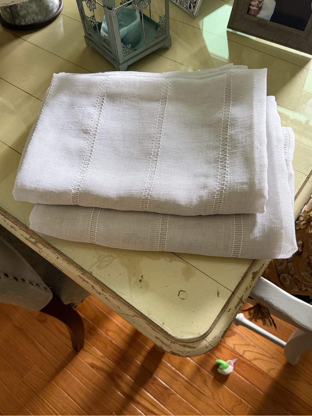 Pair of Ralph Lauren White Farmhouse Chic Hemstitch Sheer Curtains